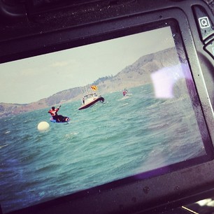 First race finish at Live2Kite Shop Foilboard Nationals. Jon Modica narrowly crosses first in front of Joey Pasquali