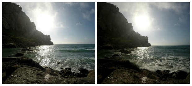 (L) Without polarizing lens (R) With polarizing lens.