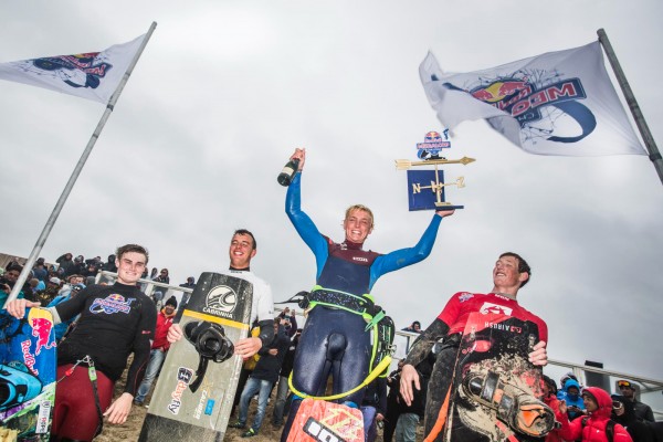 Winners pose for a podium portrait at the Red Bull Megaloop Challenge #1 Lasse Walker #2 Willem van de Meij #3 Kevin de Smidt. Photo: @ydwer.com